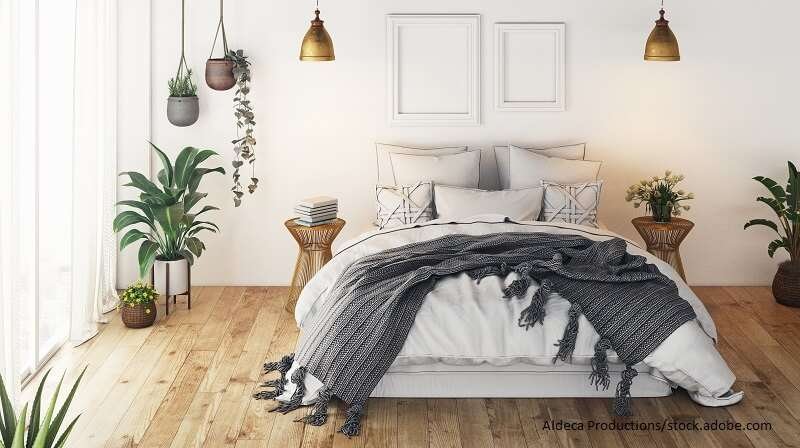Cozy bedroom with linen fabrics