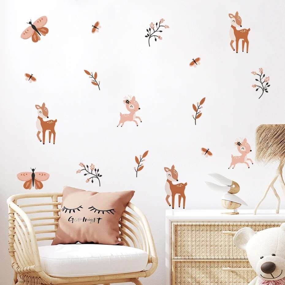 Boho Sika Deer Butterfly Branches Watercolor Nursery Wall Decals