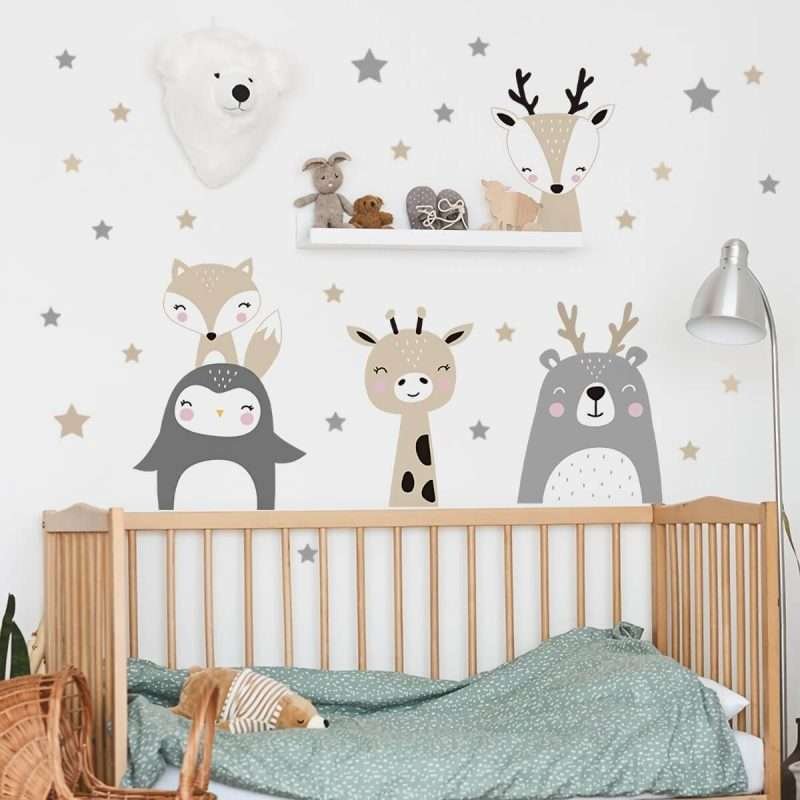 Cartoon Cute Lion Bunny Bear Deer Stars Nursery Wall Decor