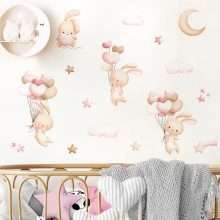 Pink Cartoon Bunny Moon Clouds Stars Wall Decals for Kids