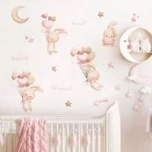 Pink Cartoon Bunny Moon Clouds Stars Wall Decals for Kids