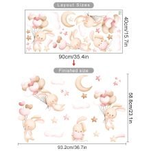 Pink Cartoon Bunny Moon Clouds Stars Wall Decals for Kids