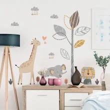 Cartoon Elephant Lion Giraffe Tree Wall Sticker for Kids