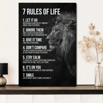 Black and White 7 Life Rules Lion Inspirational Quotes Canvas Print